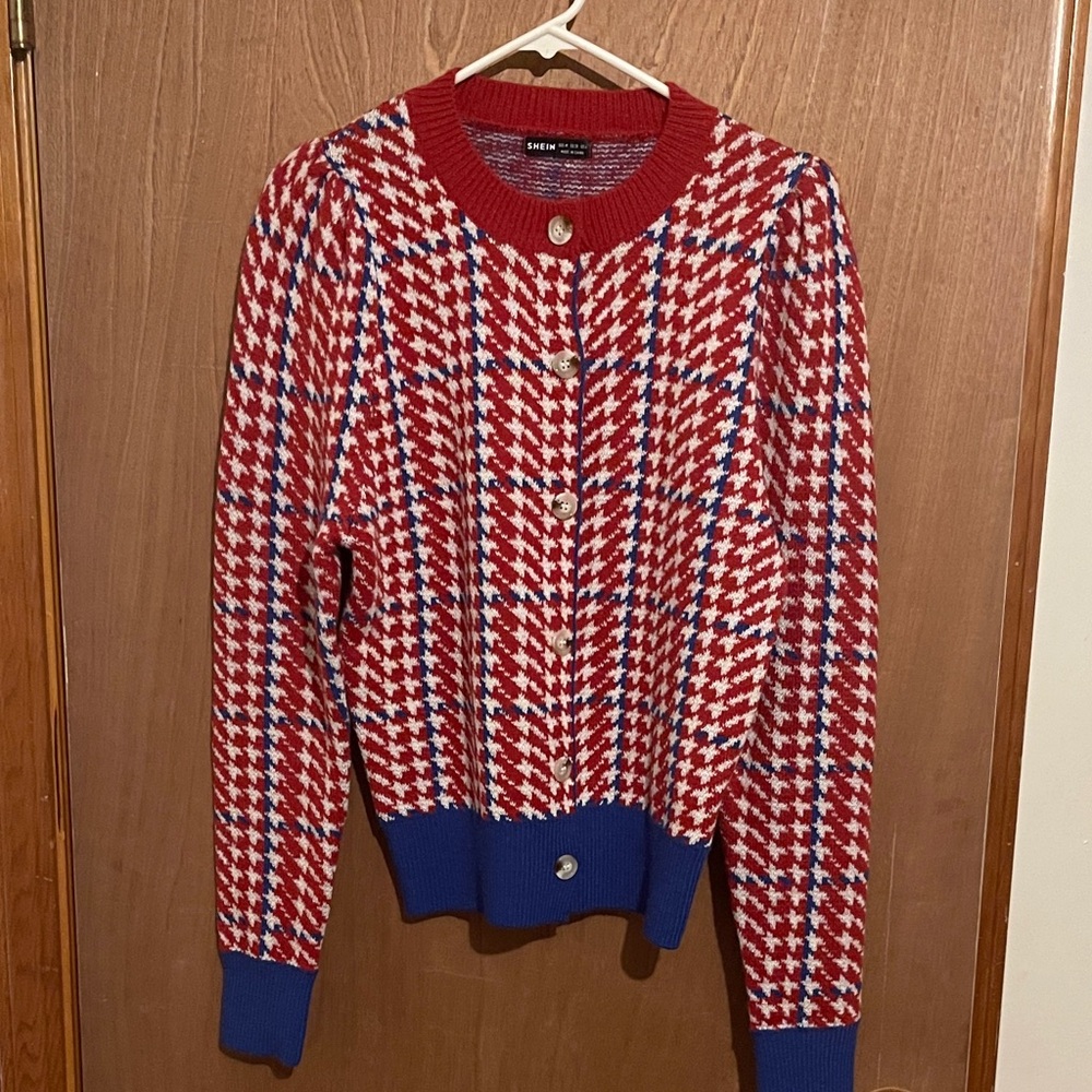 Red and Blue Houndstooth Cardigan
